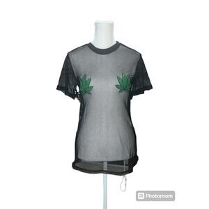Spencer's‎ Black Mesh Short Sleeve T-Shirt W/ Green Mary Jane Leaves Size Small